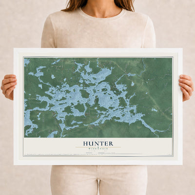 Map of Hunter, Wisconsin, 12 x 18 inch print in a white wood frame