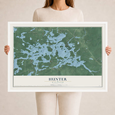 Map of Hunter, Wisconsin, 24 x 36 inch print in a white wood frame