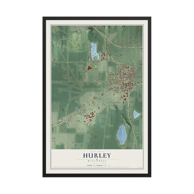 Map of Hurley, Wisconsin, 12 x 18 inch print in a black wood frame