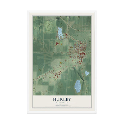 Map of Hurley, Wisconsin, 12 x 18 inch print in a white wood frame