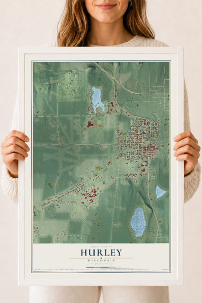 Map of Hurley, Wisconsin, 18 x 24 inch print in a white wood frame