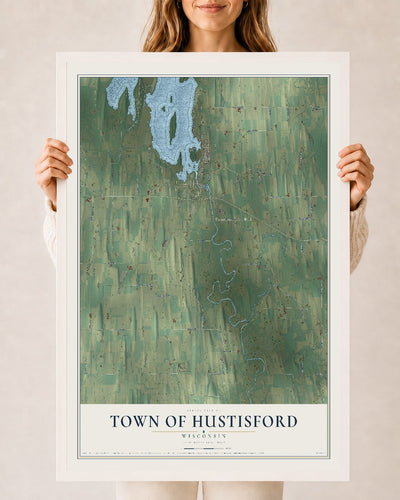 Map of the Town of Hustisford, Wisconsin, 24 x 36 inch print in a white wood frame