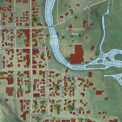 Close-up of the map of Hustisford, Wisconsin print showing street and building detail