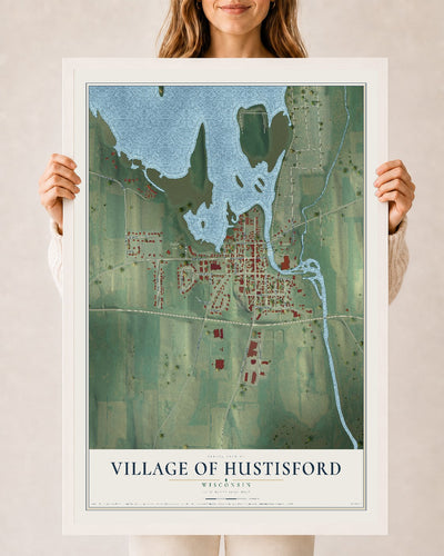 Map of Hustisford, Wisconsin, 24 x 36 inch print in a white wood frame