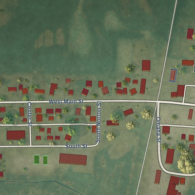 Close-up of the map of Hustler, Wisconsin print showing street and building detail