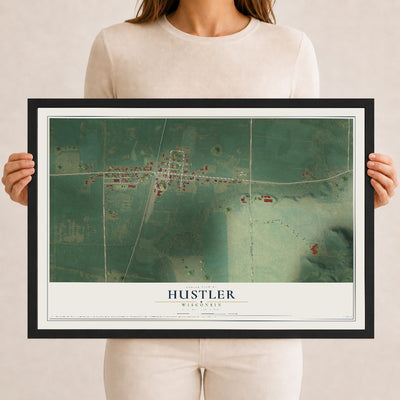 Map of Hustler, Wisconsin, 12 x 18 inch print in a black wood frame