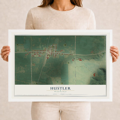 Map of Hustler, Wisconsin, 12 x 18 inch print in a white wood frame