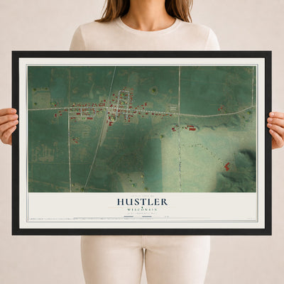 Map of Hustler, Wisconsin, 18 x 24 inch print in a black wood frame