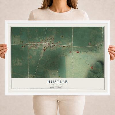 Map of Hustler, Wisconsin, 18 x 24 inch print in a white wood frame