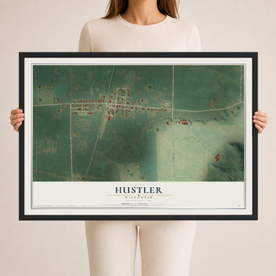 Map of Hustler, Wisconsin, 24 x 36 inch print in a black wood frame