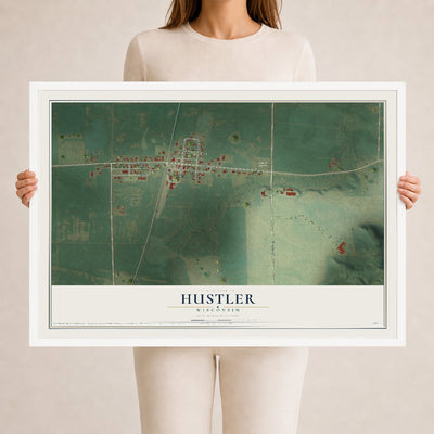 Map of Hustler, Wisconsin, 24 x 36 inch print in a white wood frame