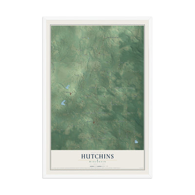 Map of Hutchins, Wisconsin, 12 x 18 inch print in a white wood frame