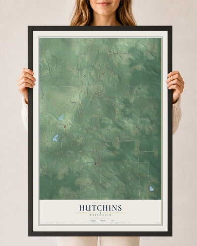 Map of Hutchins, Wisconsin, 24 x 36 inch print in a black wood frame