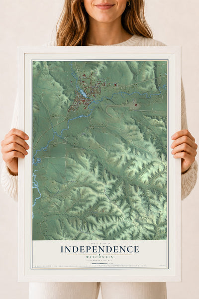 Map of Independence, Wisconsin, 18 x 24 inch print in a white wood frame