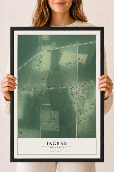Map of Ingram, Wisconsin, 18 x 24 inch print in a black wood frame