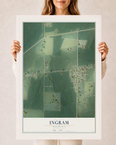 Map of Ingram, Wisconsin, 24 x 36 inch print in a white wood frame