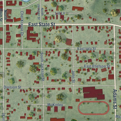 Close-up of the map of Iola, Wisconsin print showing street and building detail