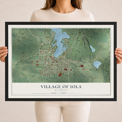 Map of Iola, Wisconsin, 18 x 24 inch print in a black wood frame