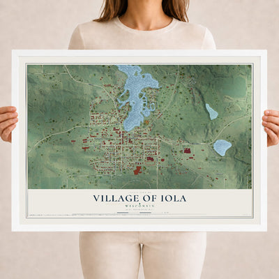 Map of Iola, Wisconsin, 18 x 24 inch print in a white wood frame