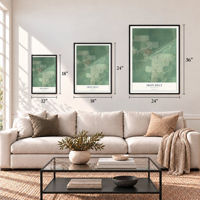 Iron Belt, Wisconsin map in 12 x 18, 18 x 24 and 24 x 36 inch sizes above a sofa