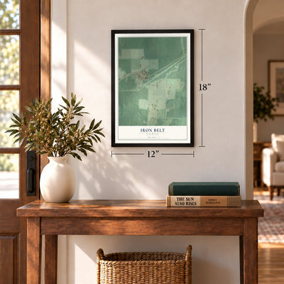 Iron Belt, Wisconsin map, 12 x 18 inch print in a black frame in an entryway