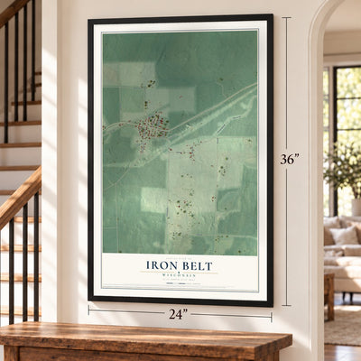 Iron Belt, Wisconsin map, 24 x 36 inch print in a black frame by a staircase
