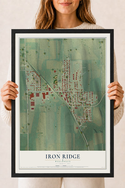 Map of Iron Ridge, Wisconsin, 18 x 24 inch print in a black wood frame