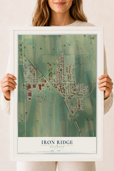 Map of Iron Ridge, Wisconsin, 18 x 24 inch print in a white wood frame