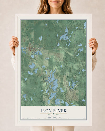 Map of Iron River, Wisconsin, 24 x 36 inch print in a white wood frame