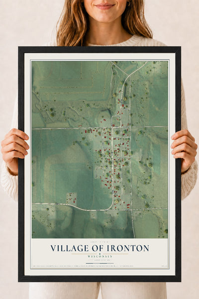 Map of Ironton, Wisconsin, 18 x 24 inch print in a black wood frame