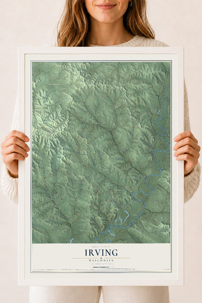 Map of Irving, Wisconsin, 18 x 24 inch print in a white wood frame
