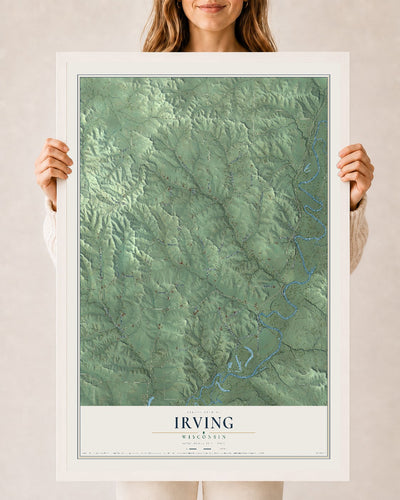 Map of Irving, Wisconsin, 24 x 36 inch print in a white wood frame