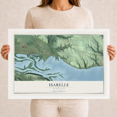 Map of Isabelle, Wisconsin, 12 x 18 inch print in a white wood frame