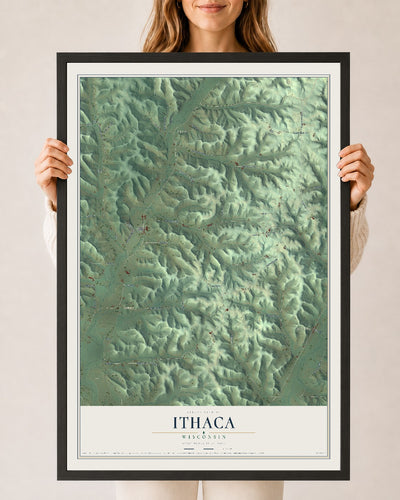 Map of Ithaca, Wisconsin, 24 x 36 inch print in a black wood frame