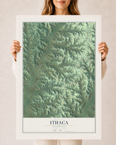 Map of Ithaca, Wisconsin, 24 x 36 inch print in a white wood frame