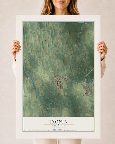 Map of Ixonia, Wisconsin, 24 x 36 inch print in a white wood frame