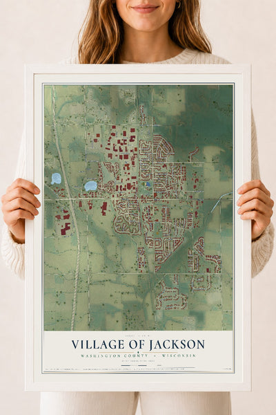 Map of Jackson, Wisconsin, 18 x 24 inch print in a white wood frame
