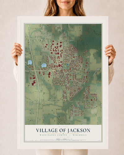 Map of Jackson, Wisconsin, 24 x 36 inch print in a white wood frame