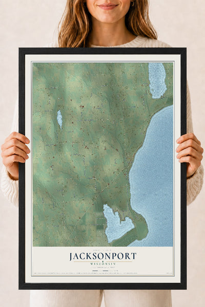 Map of Jacksonport, Wisconsin, 18 x 24 inch print in a black wood frame