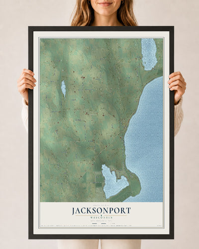 Map of Jacksonport, Wisconsin, 24 x 36 inch print in a black wood frame