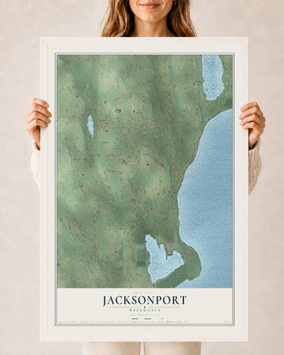 Map of Jacksonport, Wisconsin, 24 x 36 inch print in a white wood frame