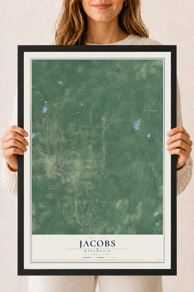 Map of Jacobs, Wisconsin, 18 x 24 inch print in a black wood frame