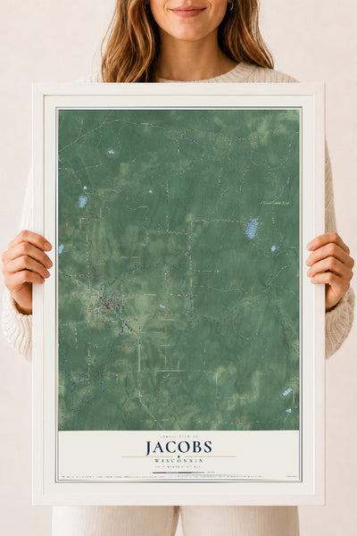 Map of Jacobs, Wisconsin, 18 x 24 inch print in a white wood frame