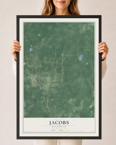 Map of Jacobs, Wisconsin, 24 x 36 inch print in a black wood frame
