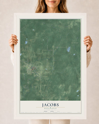 Map of Jacobs, Wisconsin, 24 x 36 inch print in a white wood frame