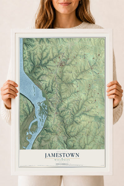 Map of Jamestown, Wisconsin, 18 x 24 inch print in a white wood frame