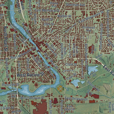Second close-up of the map of Janesville, Wisconsin print showing more streets and buildings