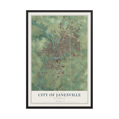 Map of Janesville, Wisconsin, 12 x 18 inch print in a black wood frame