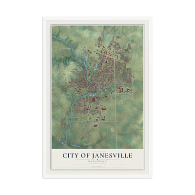 Map of Janesville, Wisconsin, 12 x 18 inch print in a white wood frame