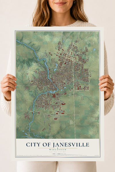 Map of Janesville, Wisconsin, 18 x 24 inch unframed archival matte print